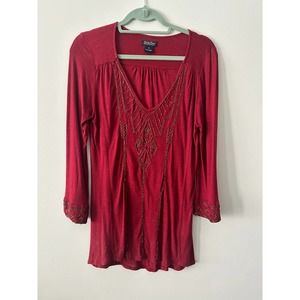 Lucky Brand Burgundy Gold beaded Long Sleeve Tunic SM